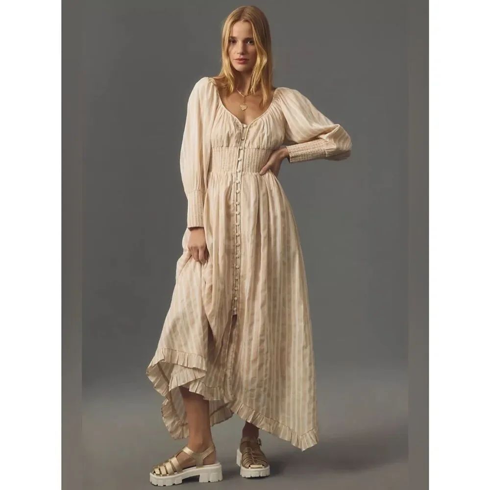 New By Anthropologie Long-Sleeve Smocked-Waist Stripe Maxi Dress Size S